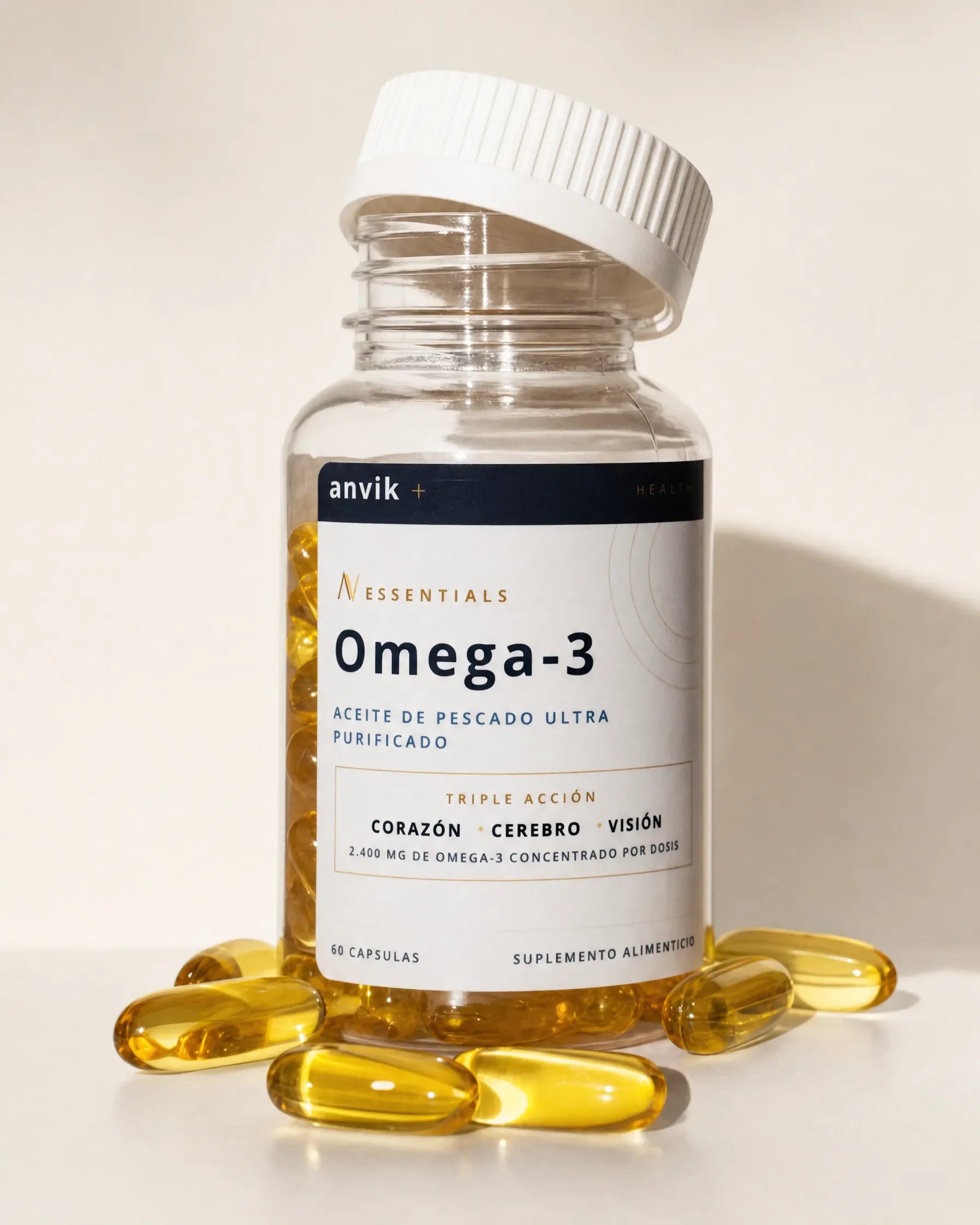 Frasco ANVIK Omega-3 Ultra Puro, fotografía de estudio